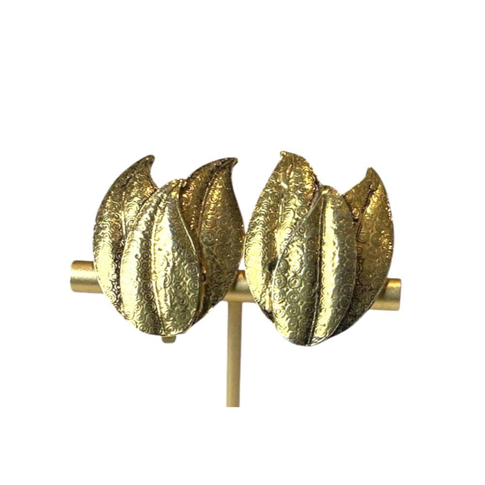 Vintage Gold Leaf Clip On Earrings Statement Fashion Costume Jewelry Textured